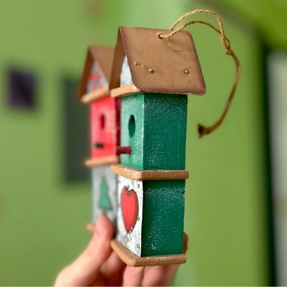 Vintage Festive Winter Handmade Wooden Bird House Wall Hanging Home Decor Set - Picture 3 of 8